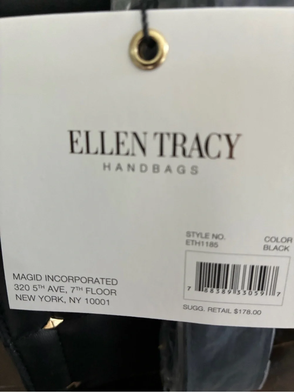 Ellen Tracy Black Quilted and Studded Top-Handle Satchel with Gold Accents